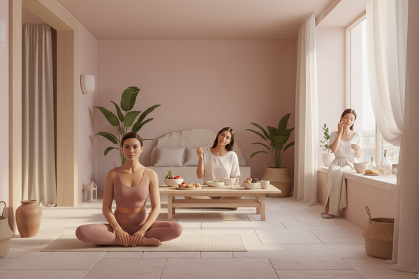 Create picture with theme color HEX EBD9D9 describing the following with real persons and environment: Everything—from the earthy, minimalist design to the curated services—is intentionally crafted to create a deep sense of harmony and belonging. The natural tones, gentle lighting, and organic materials invite calm and reflection, while each experience—whether a Pilates session, a nourishing meal, or a self-care ritual—guides women toward inner balance and renewal. 