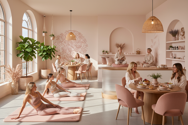 Create picture with theme color HEX EBD9D9 describing the following with real persons and environment: Our mission at Women Temple is to create a sanctuary where women feel seen, supported, and empowered, a place where daily rituals become moments of restoration, and care becomes a conscious choice, not a luxury. We are committed to curating exceptional experiences across every touchpoint, beginning with mindful movement through Pilates, intentional nourishment through our wellness cafe, and refined selfcar