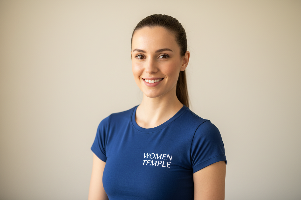 I want picture of a pilates trainer girl  for profile picture wearing women temple shirt